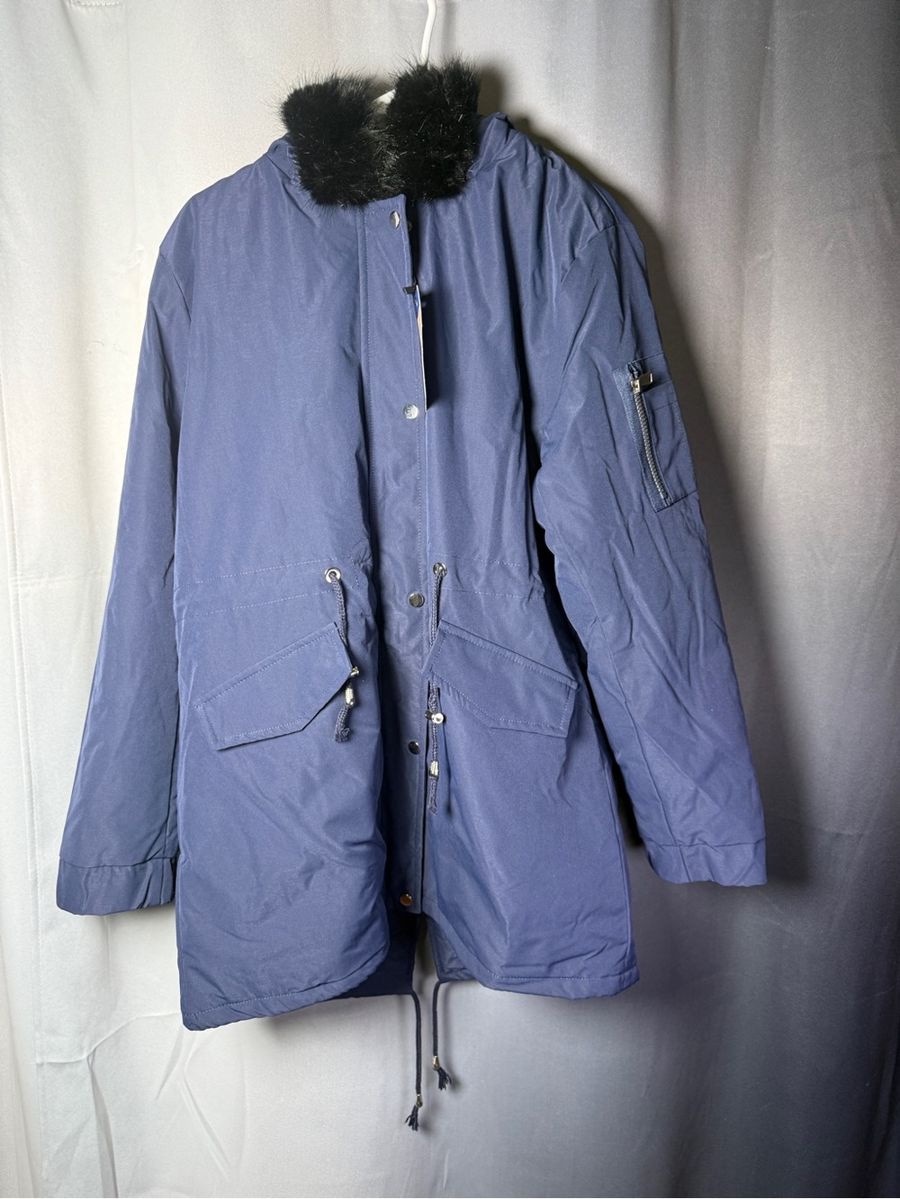 ChouYatou Women's Navy Fleece Lined Faux Fur Hood Parka Coat Jacket NWT Large